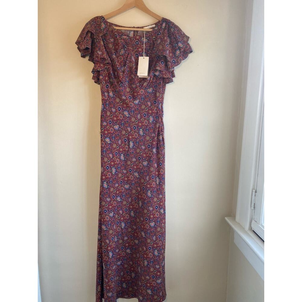 Doen Beatriz Silk Red Blue Ruffle Sleeves Midi Dress Size XS NWT